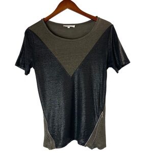 SANDRO Khaki Toscane Linen Metallic Crew Neck T-Shirt With side Zippers Size 1